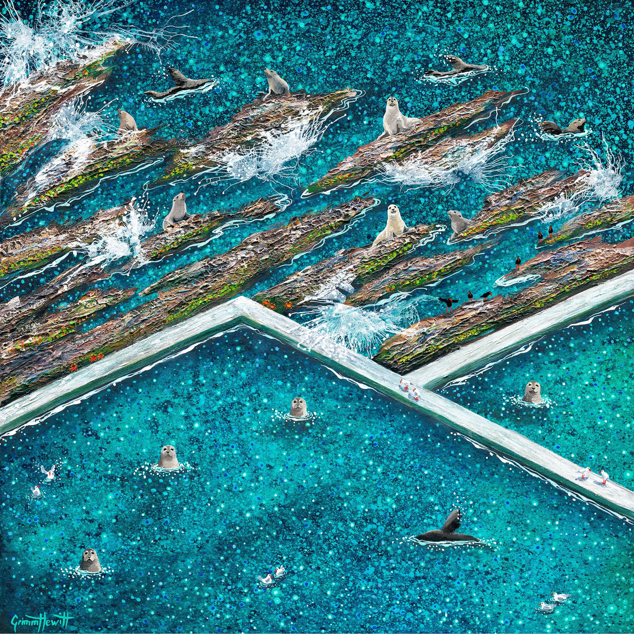 'Seal Party at Blue Pool' Acrylic on Canvas